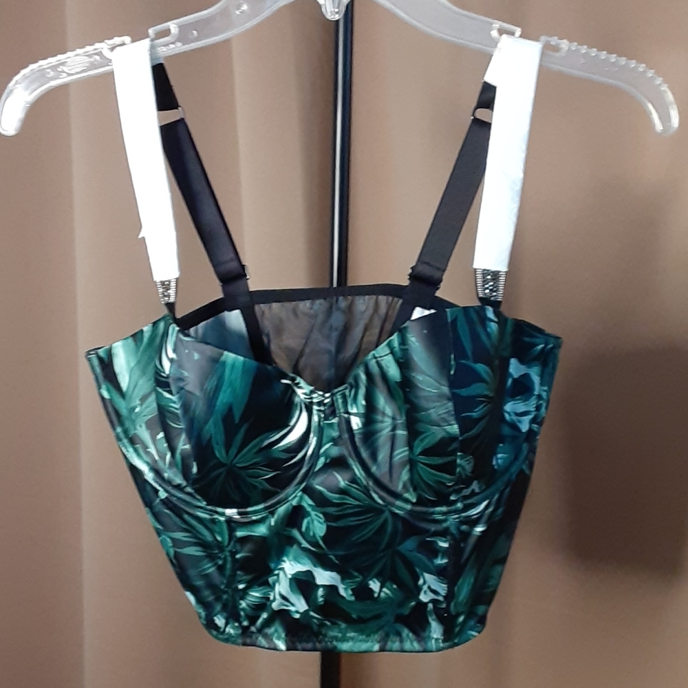 Victoria Secret Bustier NEW Rhinestone Straps Side Zip Green Black Size 32DD